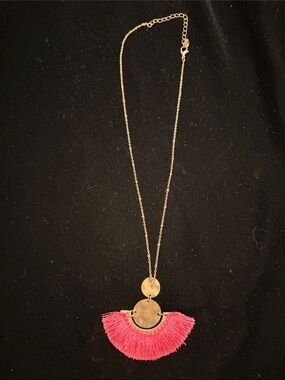 Gold-Tone Necklace with Pink Fringe Fan Pendant